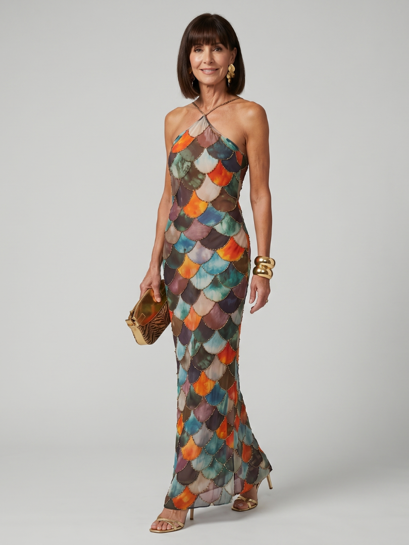 Larkin | Fitted Multicoloured Scale Pattern Maxi Dress