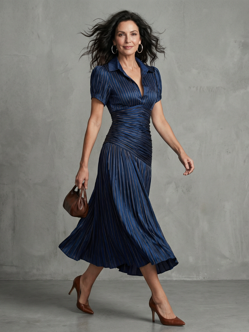 Thomasina | Pleated Waistline Stripe Midi Dress