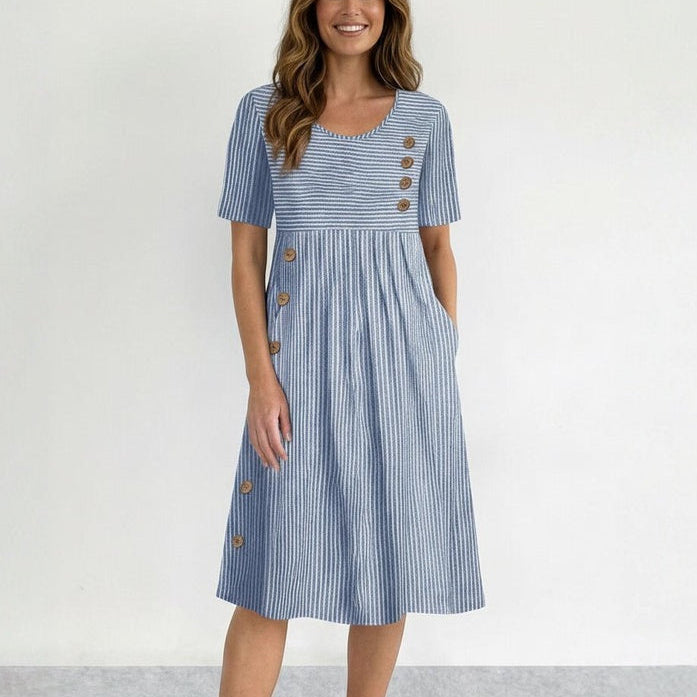 Isla | Blue Striped Midi Dress with Pockets