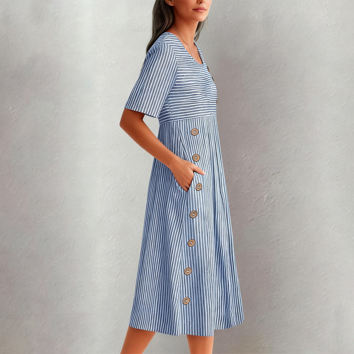 Isla | Blue Striped Midi Dress with Pockets