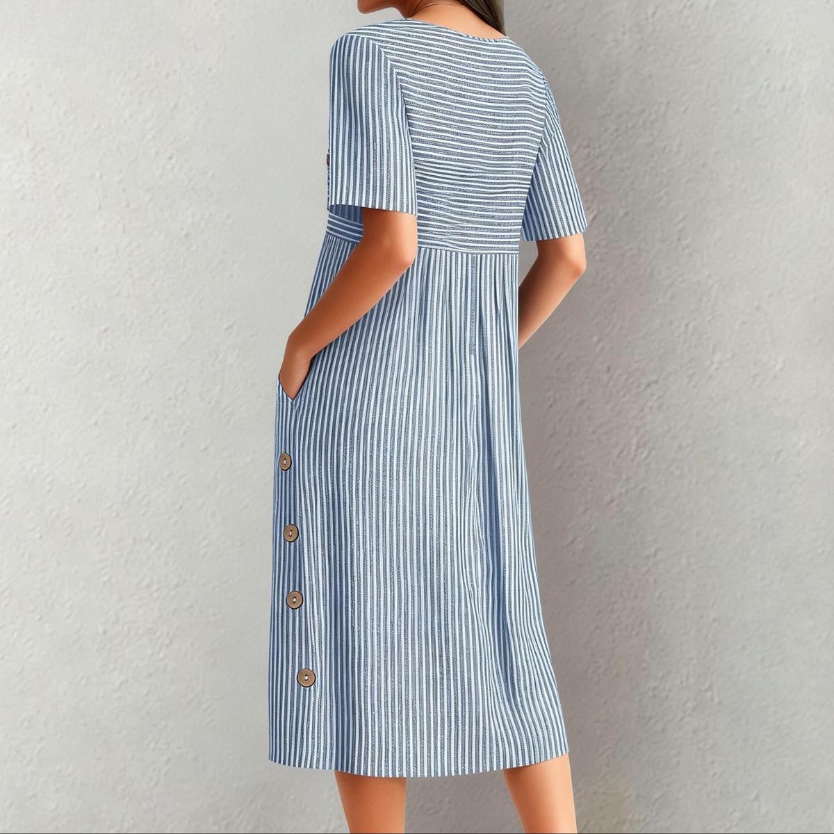 Isla | Blue Striped Midi Dress with Pockets