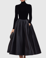 Aradia - Elegant Black Velvet and Satin Midi Dress