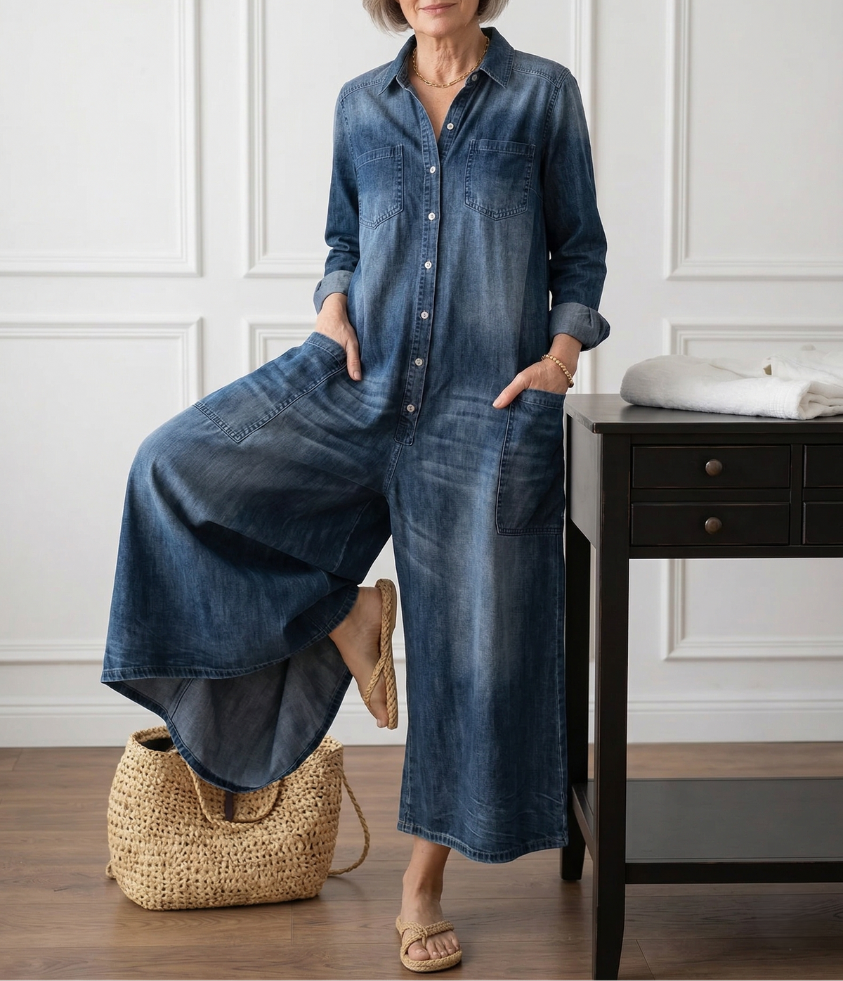 Diana | Vintage Washed Soft Denim Jumpsuit with Button Closure