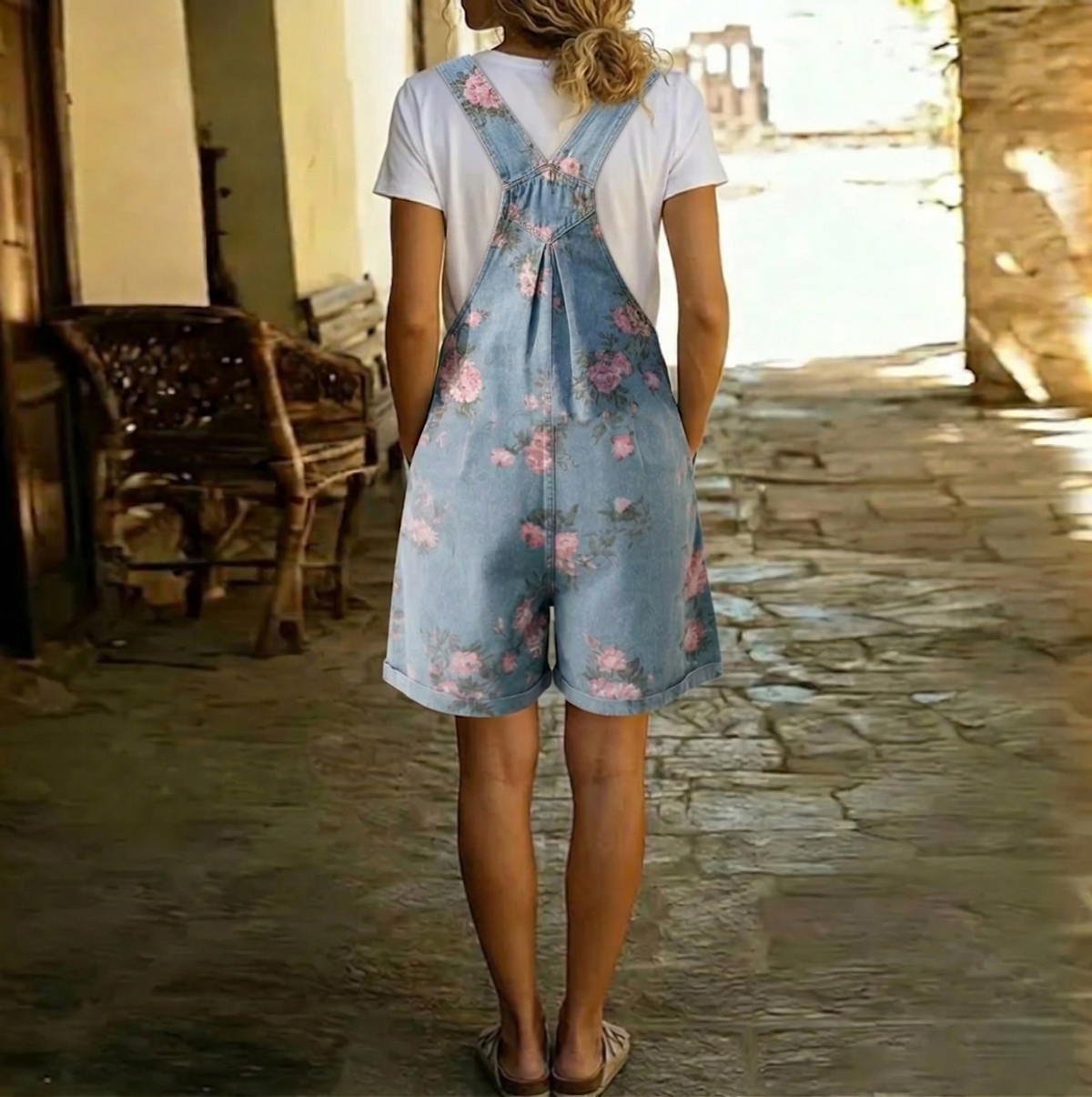 Judy | Vintage Washed Soft Denim Floral Jumpsuit