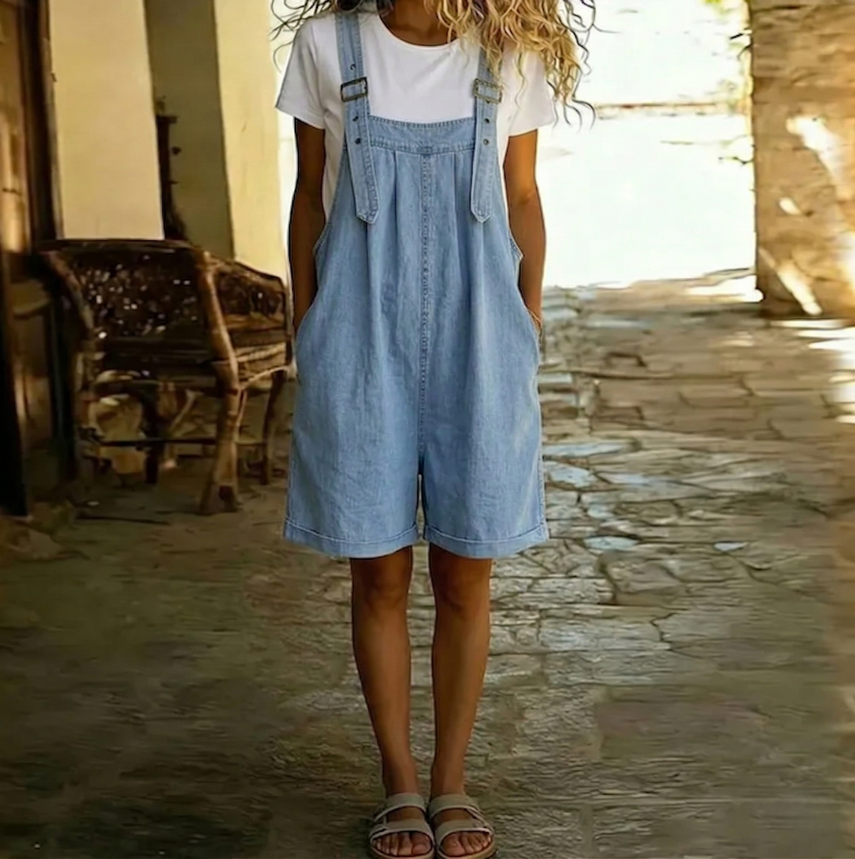 Clara | Vintage Washed Soft Denim Short Overall Light blue