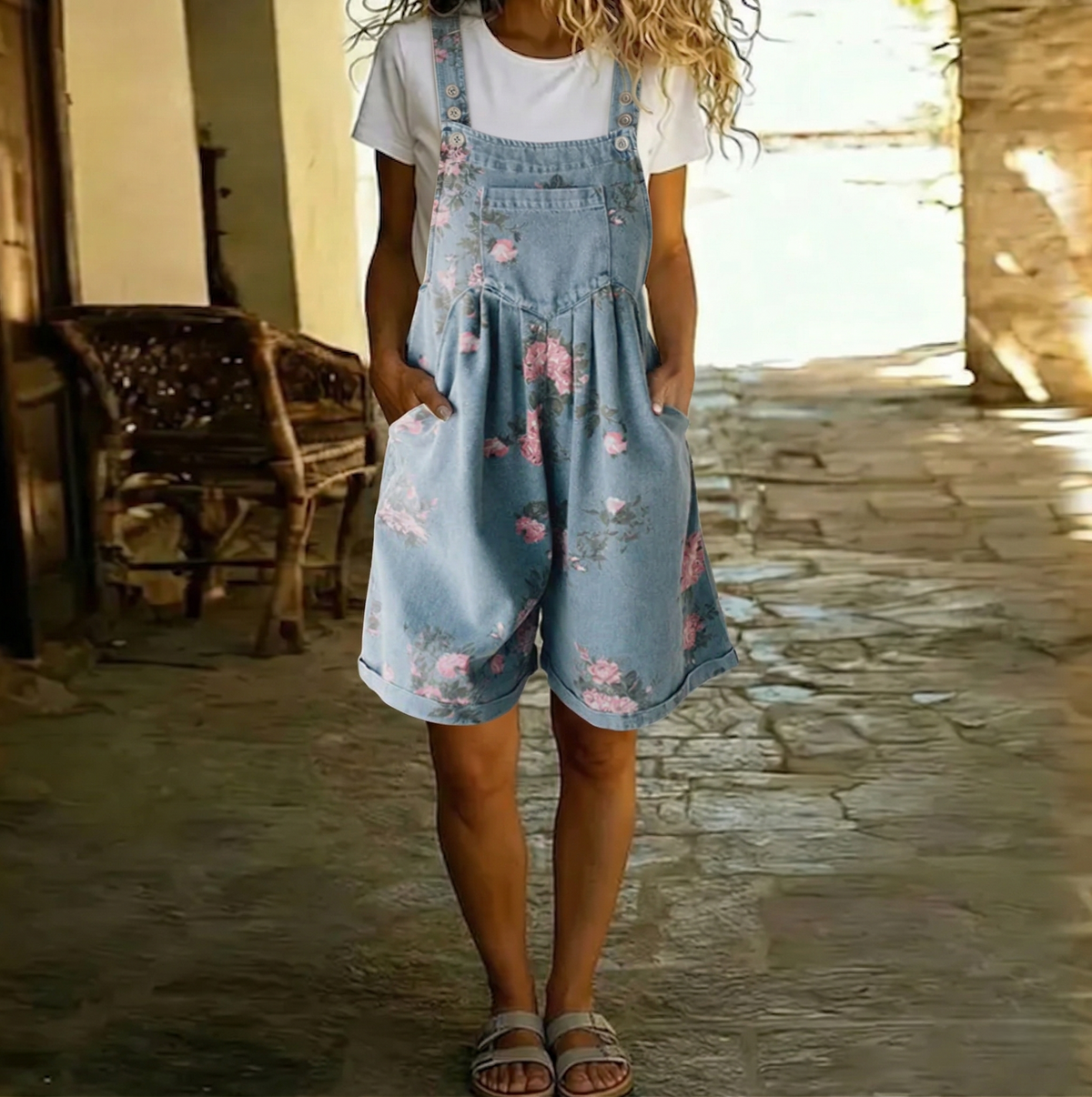 Judy | Vintage Washed Soft Denim Floral Jumpsuit