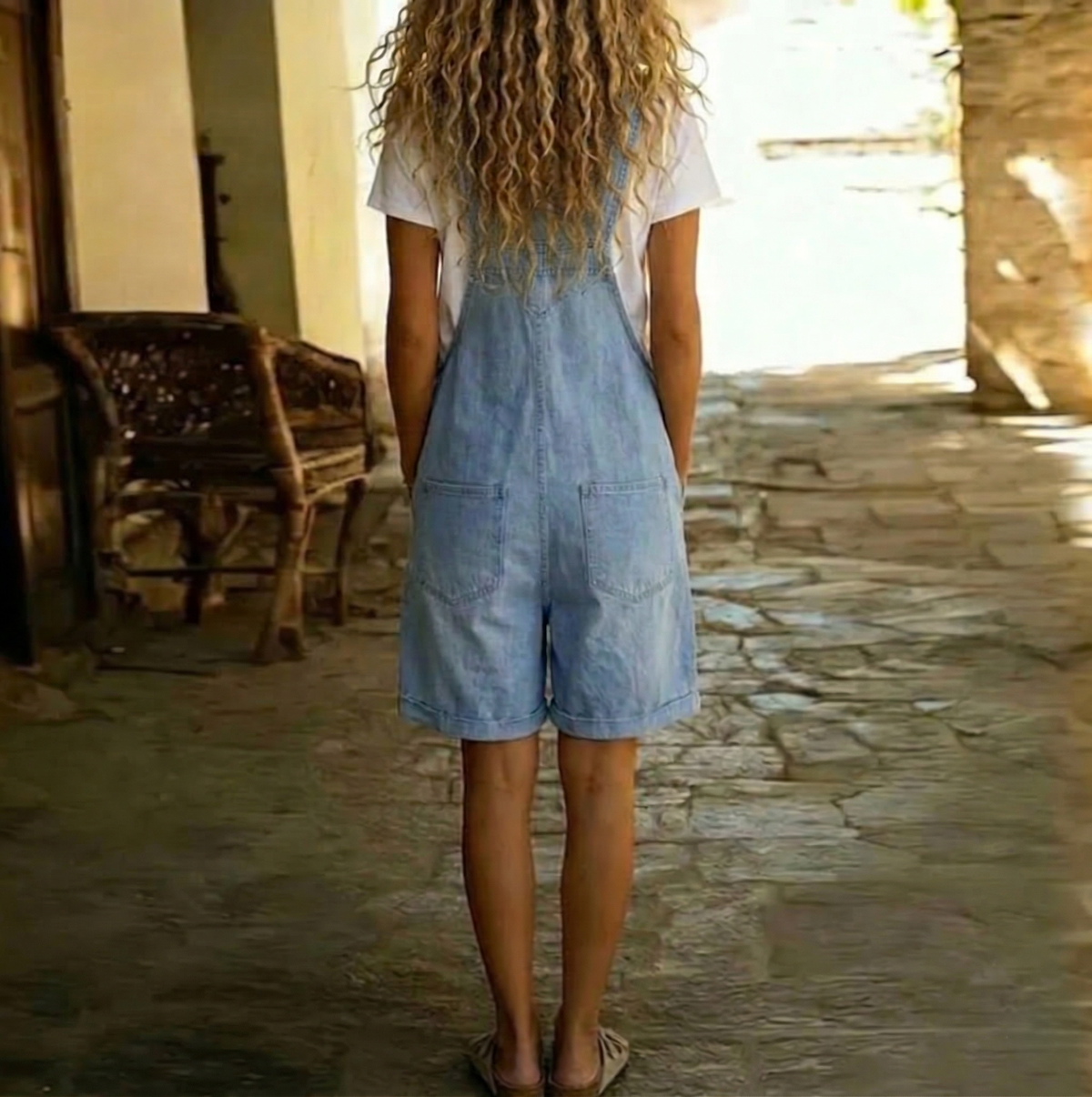 Clara | Vintage Washed Soft Denim Short Overall Light blue