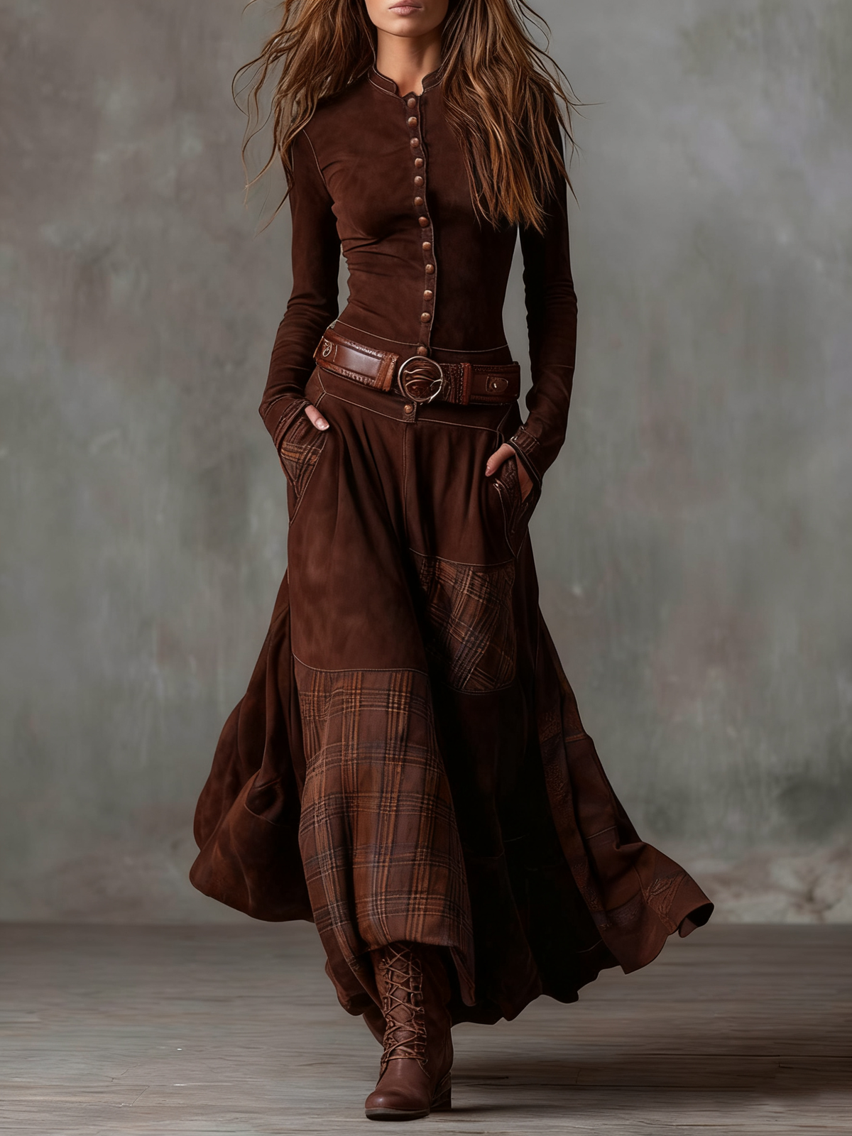 Leone | Vintage Long Suede Checkered Dress (Includes Belt)