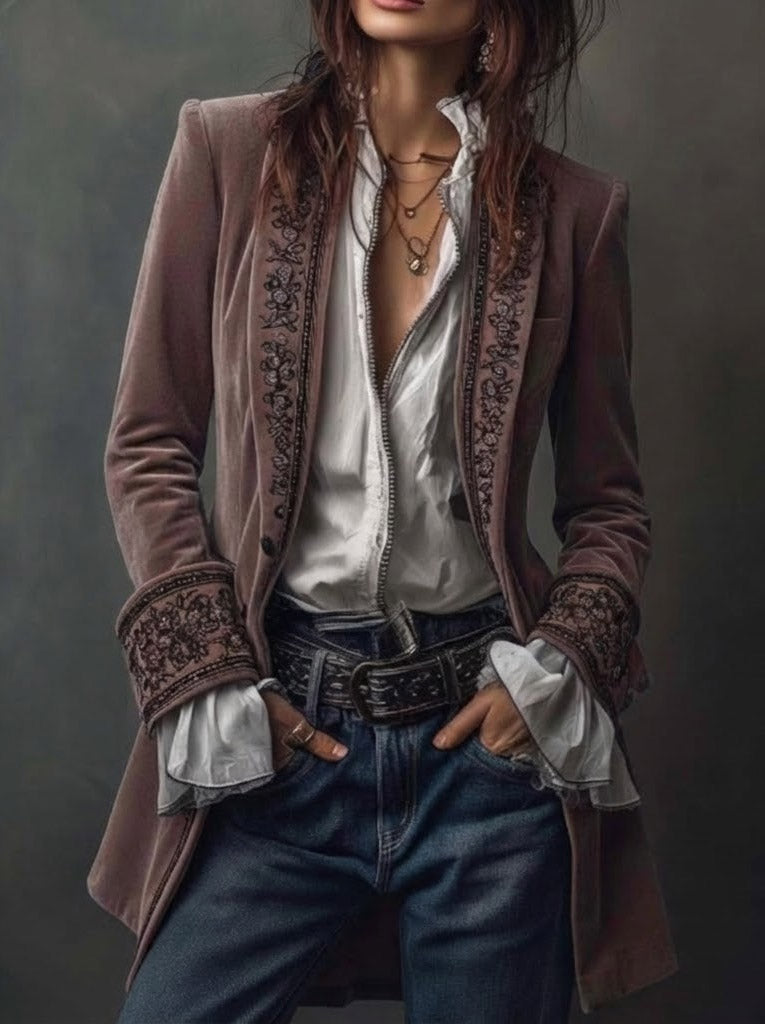 Erica | Long Vintage Jacket with Embroidery