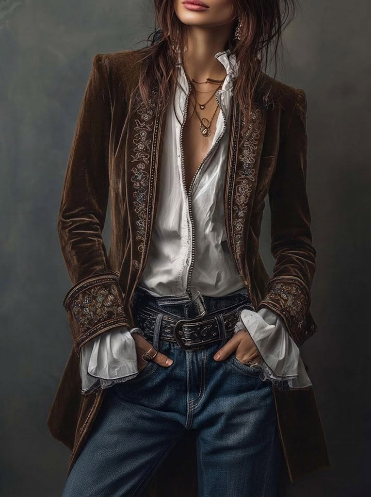Erica | Long Vintage Jacket with Embroidery