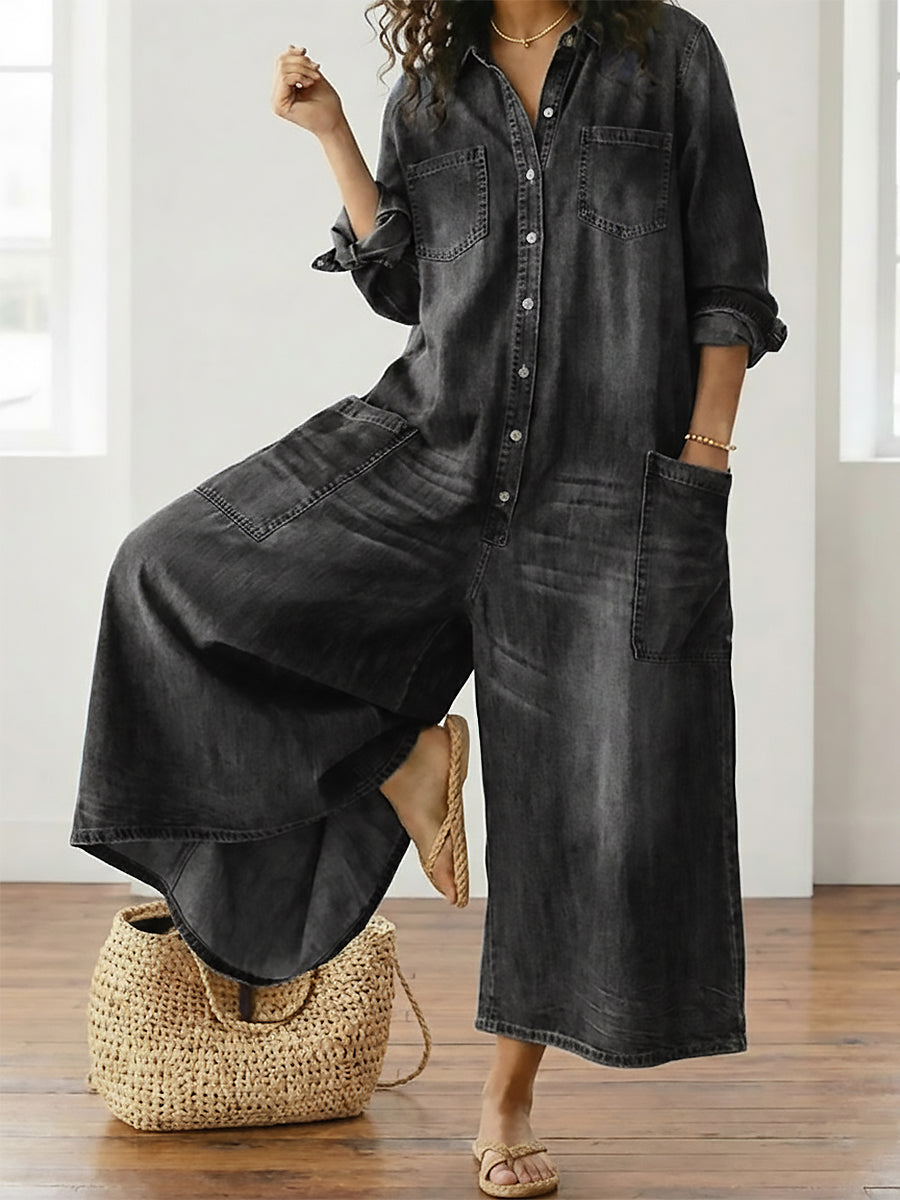 Diana | Vintage Washed Soft Denim Jumpsuit with Button Closure
