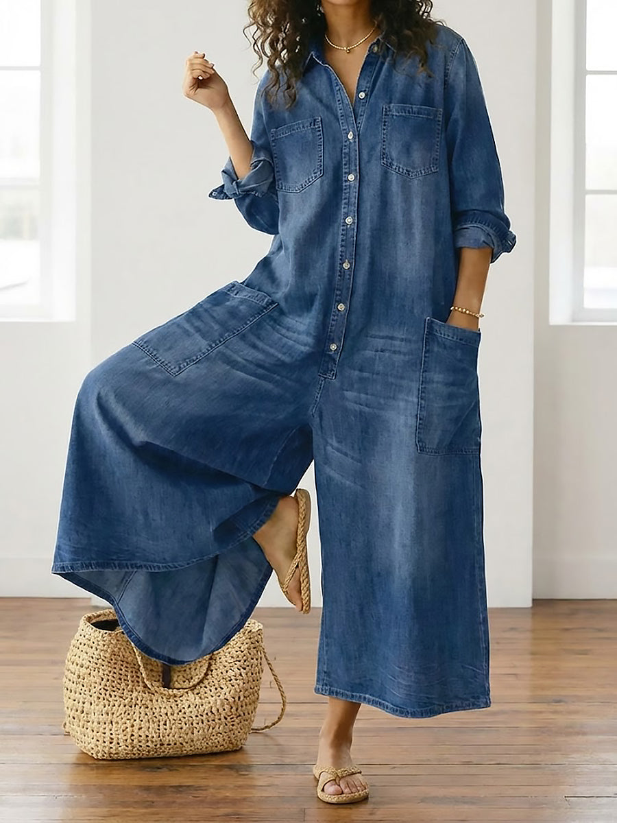 Diana | Vintage Washed Soft Denim Jumpsuit with Button Closure