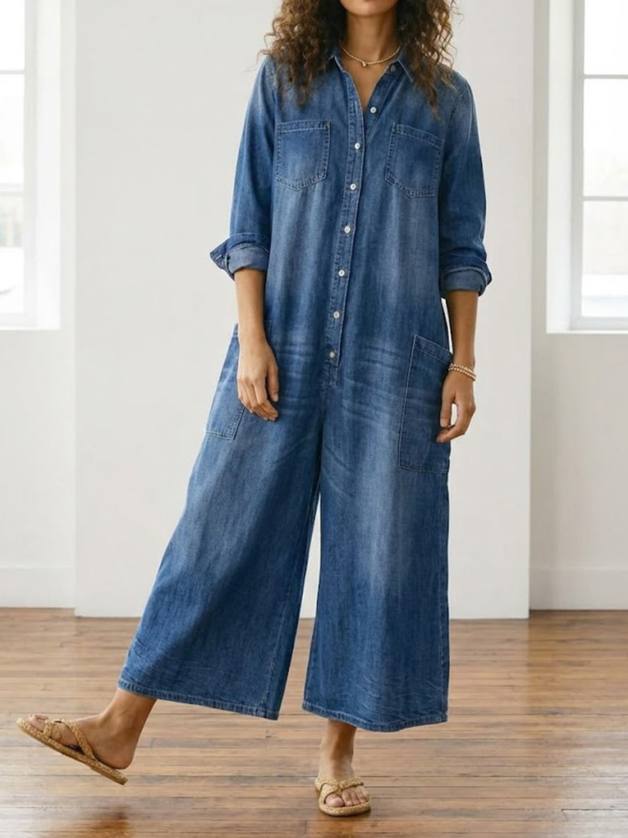 Diana | Vintage Washed Soft Denim Jumpsuit with Button Closure