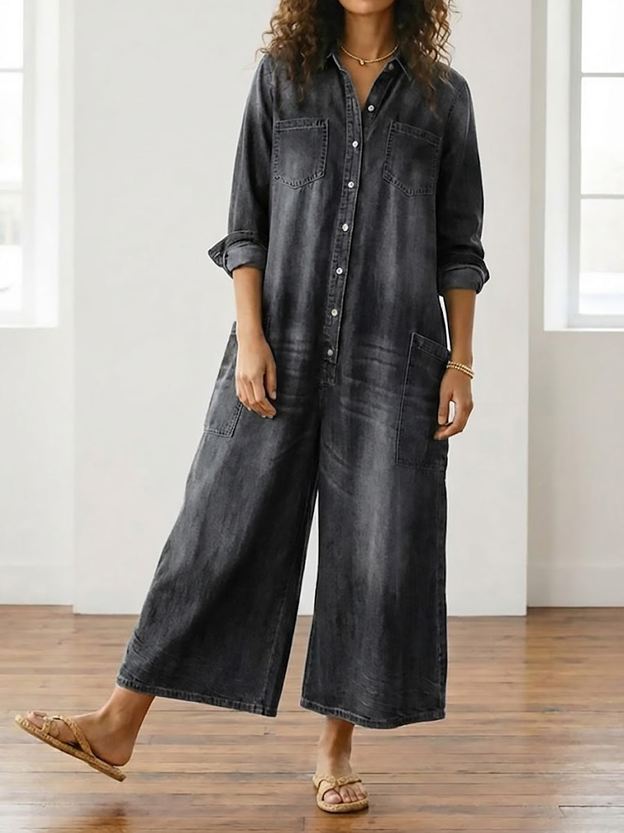Diana | Vintage Washed Soft Denim Jumpsuit with Button Closure