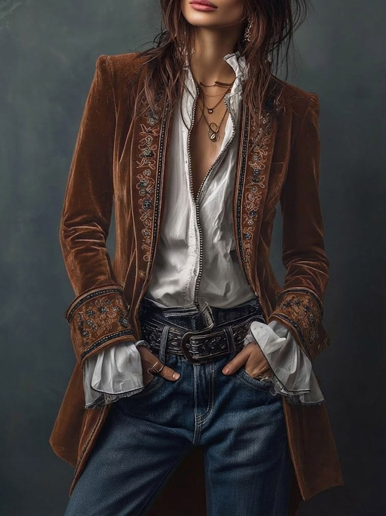 Erica | Long Vintage Jacket with Embroidery