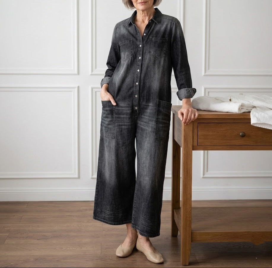 Diana | Vintage Washed Soft Denim Jumpsuit with Button Closure