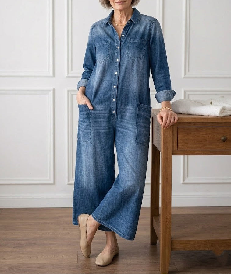 Diana | Vintage Washed Soft Denim Jumpsuit with Button Closure